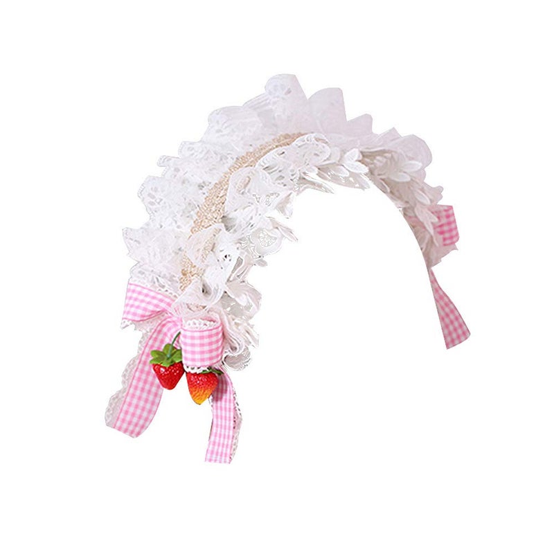 YOMORIO Womens Strawberry Maid Cosplay Hair Hoop Lolita Cute Bows Headwear Vintage Lace Hairband (White) - Image 1